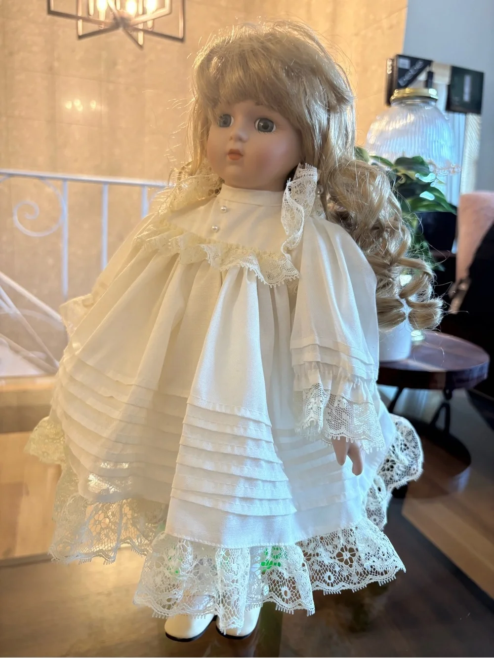 Porcelain Doll in Cream Lace Dress - Classic Kids Toy